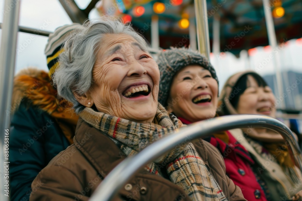 Three elderly women enjoy a Ferris wheel ride, their faces lit up with genuine joy and laughter Three elderly women enjoy a Ferris wheel ride, their faces lit up with genuine joy and laughter