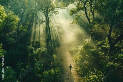 An aerial view of a person walking along a path through a lush, green forest, with sunlight streaming through the canopy © Elmira