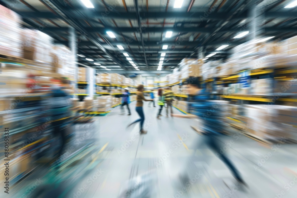 Obraz premium Blurred image of warehouse employees in action