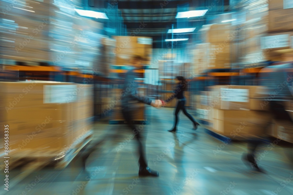 Blurred image of warehouse employees in action