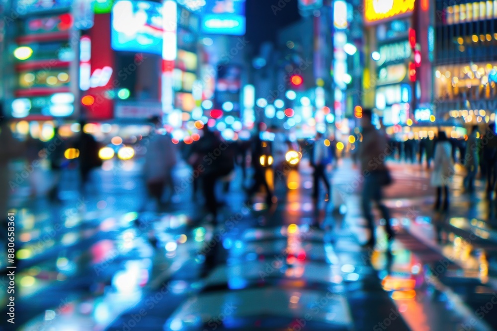 Fototapeta premium Blurry city street scene, crowd of people walking, vibrant evening lights, busy urban environment, motion blur