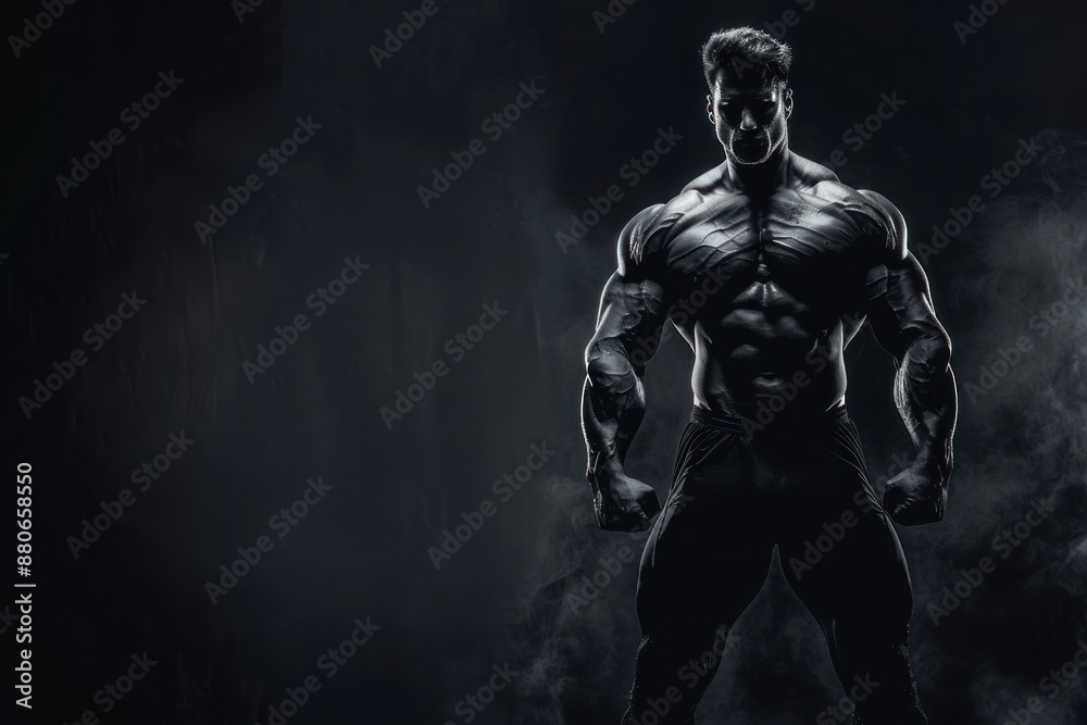 Bodybuilding fitness banner with muscular bodybuilder flexing muscles posing on black background Bodybuilding fitness banner with muscular bodybuilder flexing muscles posing on black background