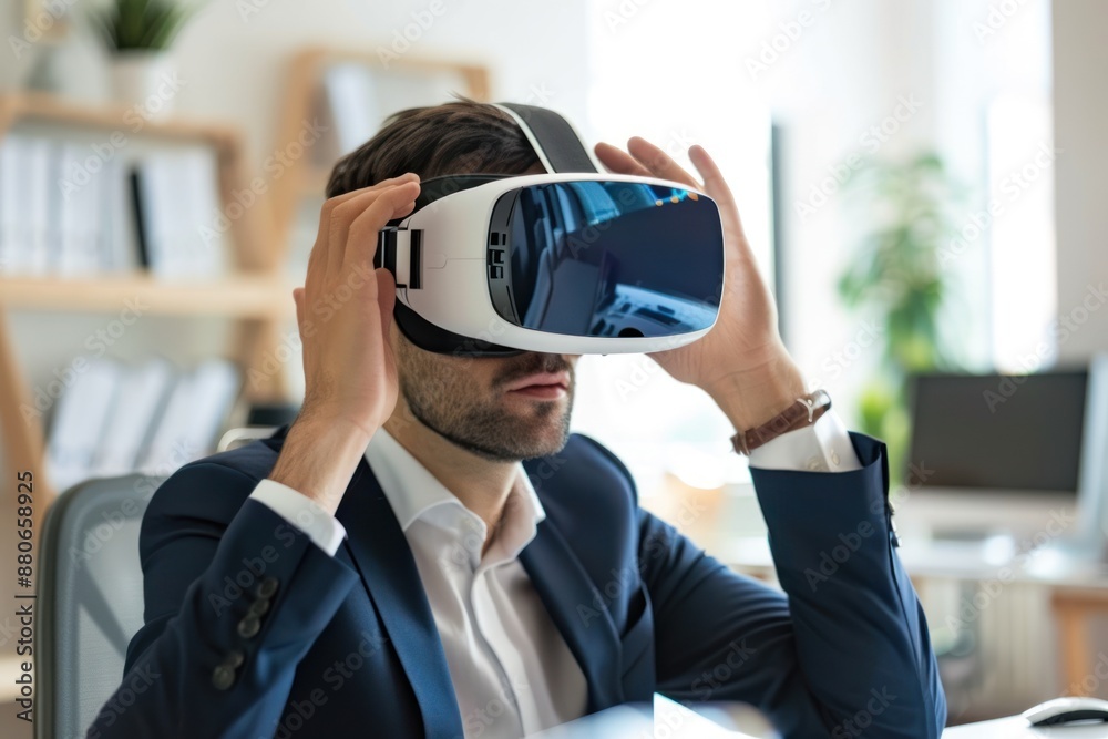 Business man in virtual reality glasses working in her office, Concept of vr and cutting edge technology Business man in virtual reality glasses working in her office, Concept of vr and cutting edge technology