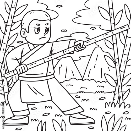 Buddhism Shaolin Monk with Bamboo Stick Coloring 