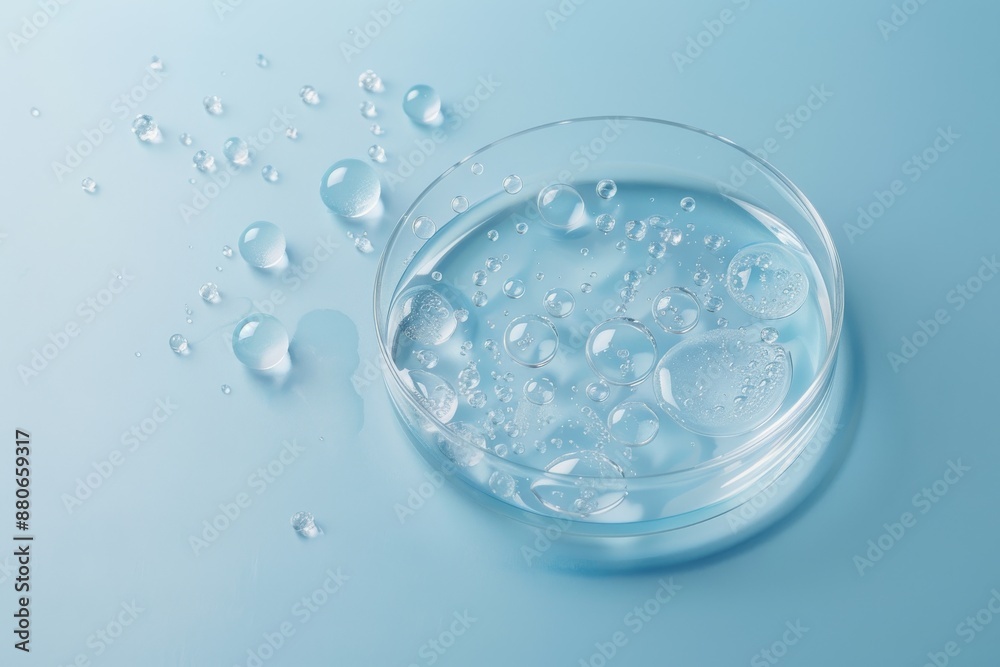 A petri dish filled with liquid contains multiple hyaluronic acid drops on a pastel blue surface. Scattered drops are also seen surrounding the dish A petri dish filled with liquid contains multiple hyaluronic acid drops on a pastel blue surface. Scattered drops are also seen surrounding the dish