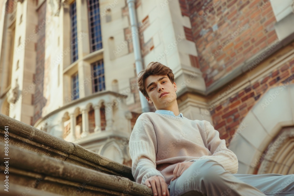 A young man in a pastel sweater casually lounges on the steps of a grand building, looking directly at the camera A young man in a pastel sweater casually lounges on the steps of a grand building, looking directly at the camera