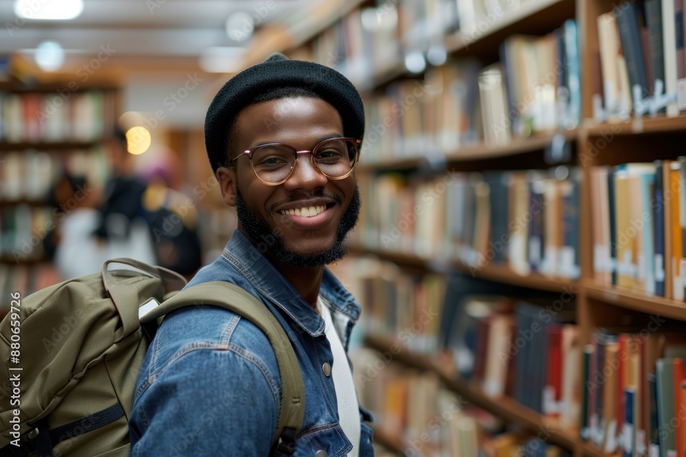Cheerful male international student with backpack, standing near bookshelves at university library or book store Cheerful male international student with backpack, standing near bookshelves at university library or book store
