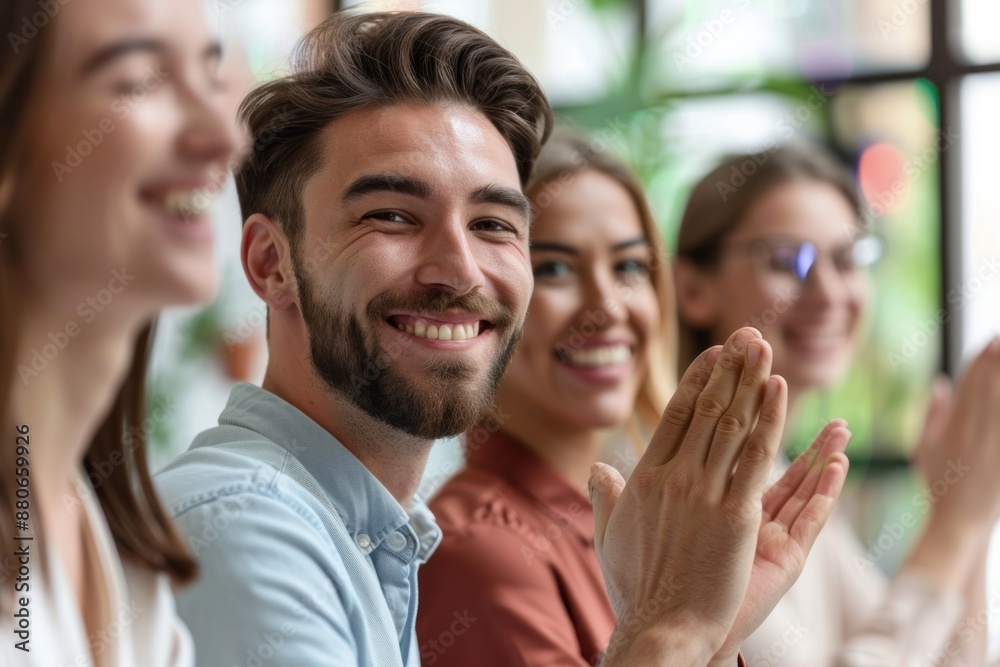 close up. cheerful company employees applauding their colleague