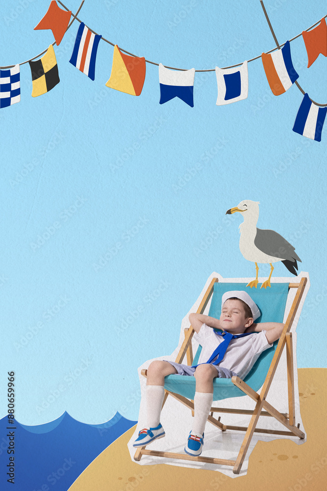 Fototapeta premium Young boy dressed as sailor relaxing on beach chair under colorful flags, with seagull against blue background. Contemporary art collage. Concept of childhood, travelling, vacation, creativity