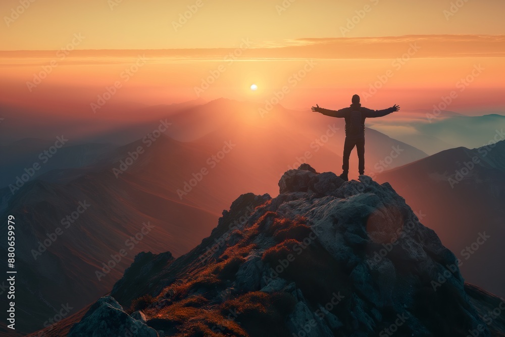Silhouette of a man standing on top of a mountain and enjoying the sunrise. Silhouette of a man standing on top of a mountain and enjoying the sunrise.