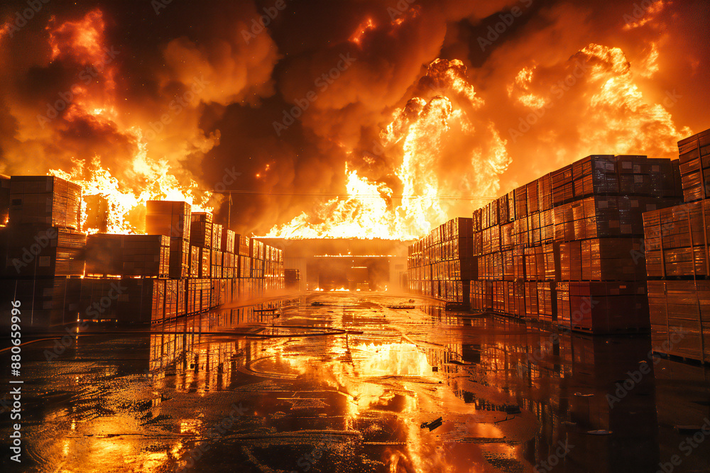 Fire in a storage warehouse. Spreading fire in a warehouse full of boxes Fire in a storage warehouse. Spreading fire in a warehouse full of boxes