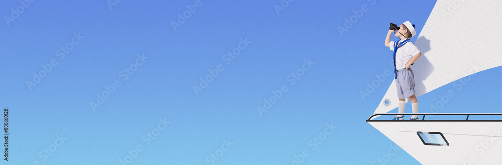 Naklejka premium Little boy dressed as sailor standing at bow of boat, looking through binoculars against blue background symbolizing clear sky. Contemporary art collage. Concept of childhood, travelling, vacation