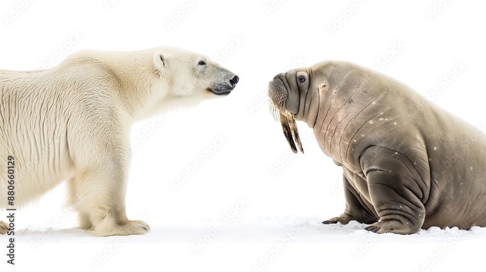 Fototapeta premium Polar bear and walrus face to face on white background.