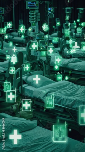 A futuristic hospital ward at night, featuring advanced AI systems and numerous hospital beds, with green glowing plus signs hovering above
