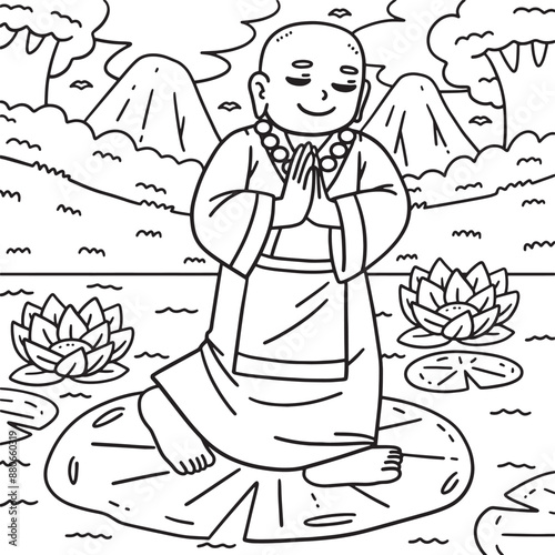 Buddhism Buddha Walking on Lily Pad Coloring Page 