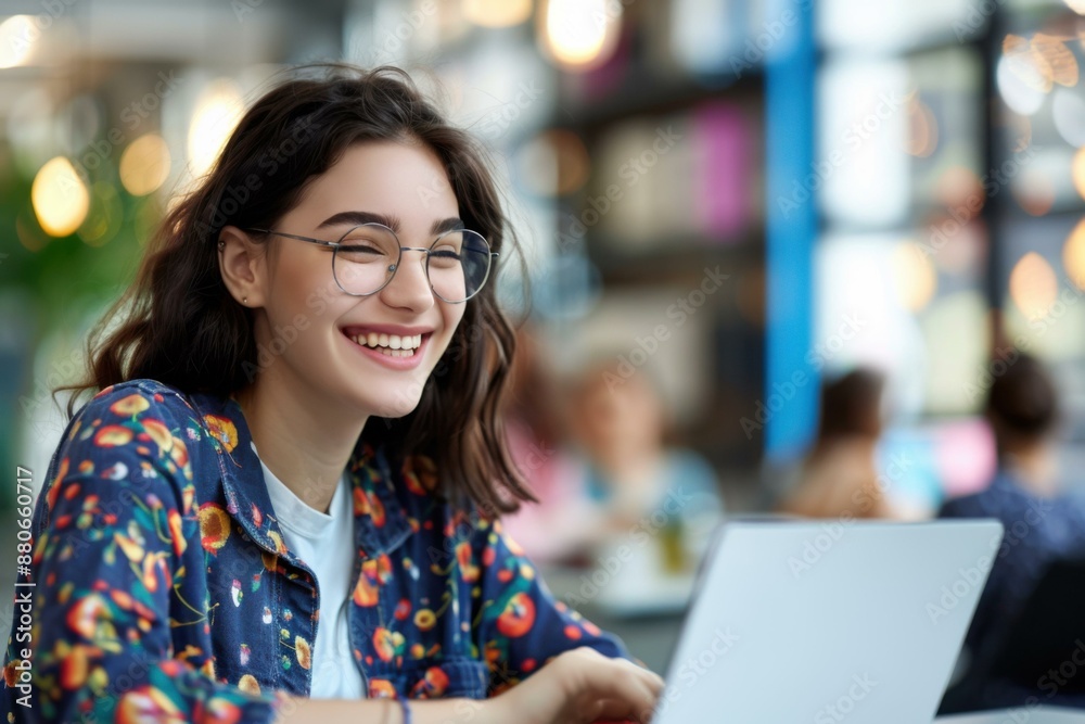 Smiling Young Woman with Glasses Using Laptop in Cafe -  Social Media, Business, Technology, Lifestyle