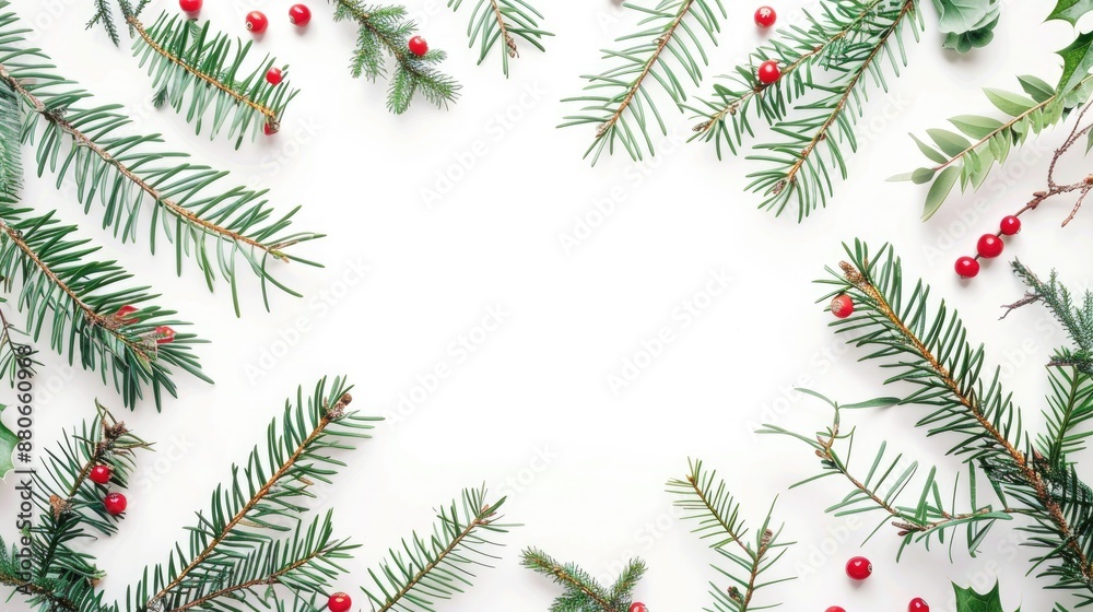 Flat lay Christmas pine branches border with red berries on a white background capturing a top down view Flat lay Christmas pine branches border with red berries on a white background capturing a top down view