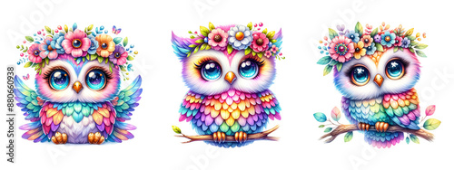 Wallpaper Mural Watercolor Cute Colorful Owls Isolated on Transparent Background Torontodigital.ca