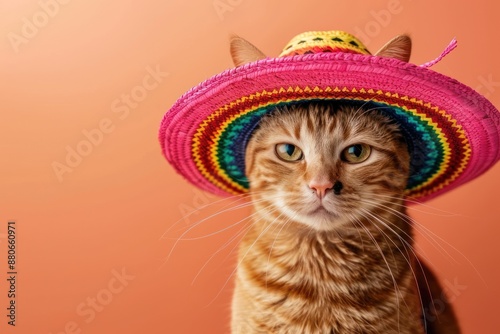 Adorable cat wearing colorful Mexican hat over solid color background