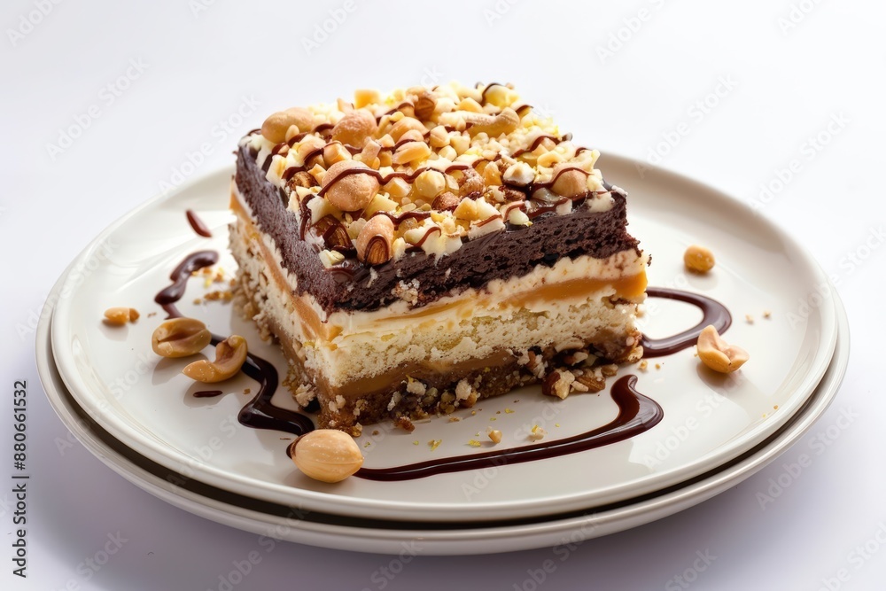 Double Nut Torte on Porcelain Plate with Lemon-infused Frosting and Chocolate Drizzle Double Nut Torte on Porcelain Plate with Lemon-infused Frosting and Chocolate Drizzle