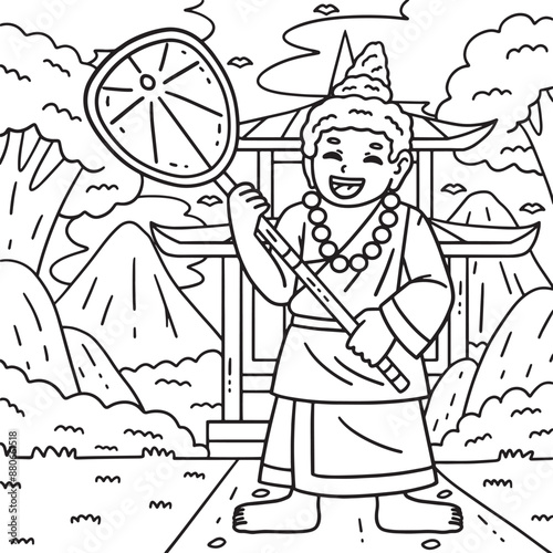 Buddhism Buddha with Talipot Fan Coloring Page 