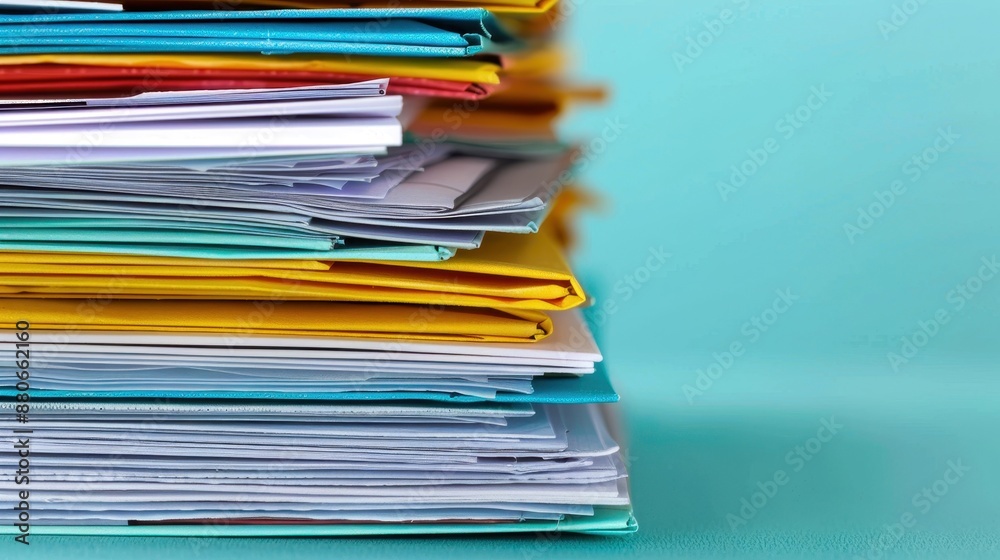 Close-up of a colorful stack of files and folders on a light blue background, symbolizing paperwork, organization, and office work. Close-up of a colorful stack of files and folders on a light blue background, symbolizing paperwork, organization, and office work.