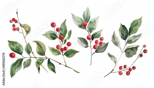 A set of watercolor illustrations of holly branches with red berries. The images are perfect for use in holiday cards, invitations, and other festive projects.
