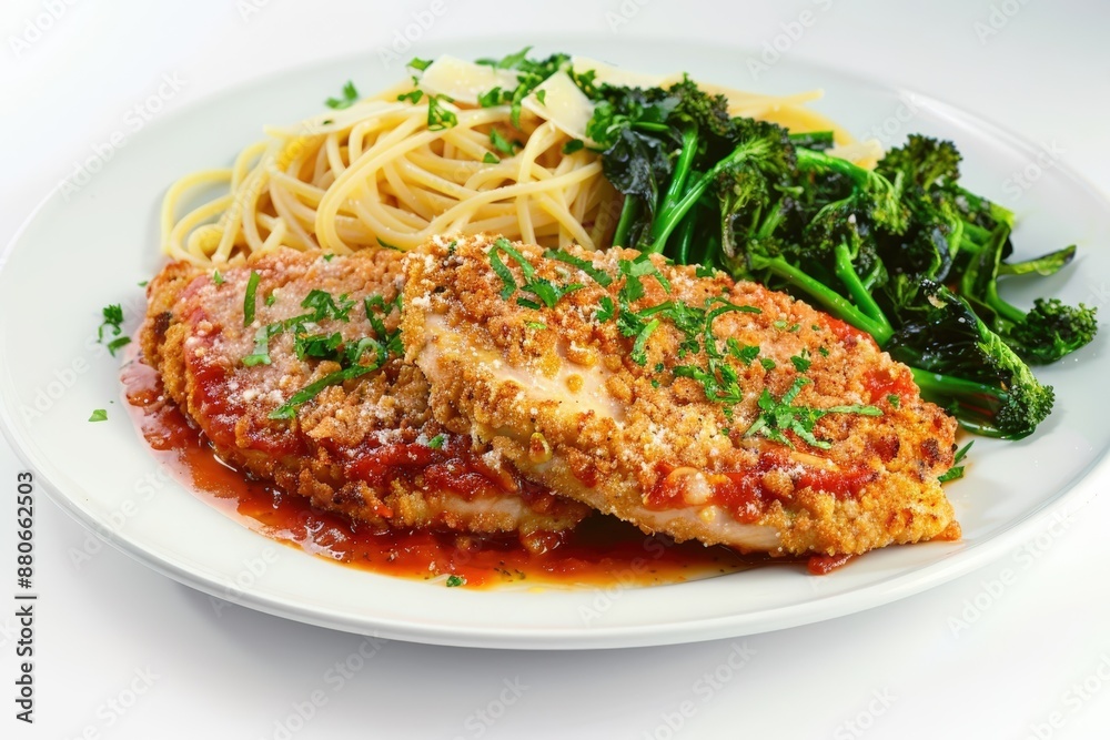 Double-Dipped Chicken Parmesan on White Dish with Linguine and Broccoli Double-Dipped Chicken Parmesan on White Dish with Linguine and Broccoli