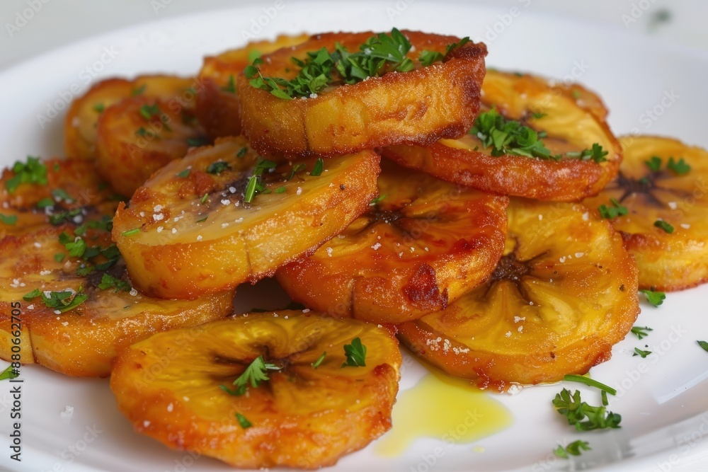 Double-Fried Plantain Rounds with a Hint of Salt and Fresh Parsley Double-Fried Plantain Rounds with a Hint of Salt and Fresh Parsley
