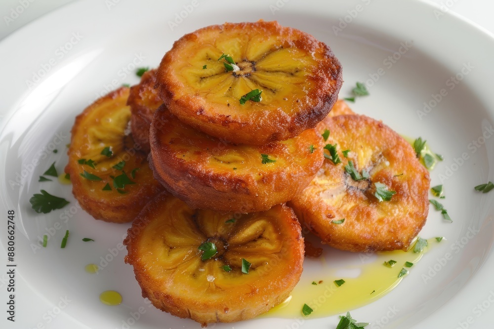 Delectable Plantain Rounds with a Crispy Texture and Fresh Parsley Delectable Plantain Rounds with a Crispy Texture and Fresh Parsley