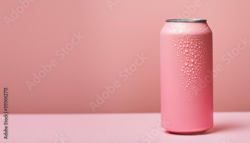 Pink aluminum can with water drops on pink background. Carbonated soda. Tasty beverage. Mock up