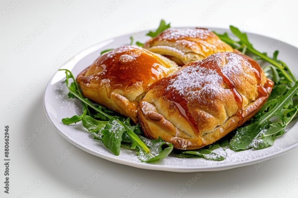 Golden-Brown Flaky Dough Basket with Caramel Sauce and Powdered Sugar Golden-Brown Flaky Dough Basket with Caramel Sauce and Powdered Sugar