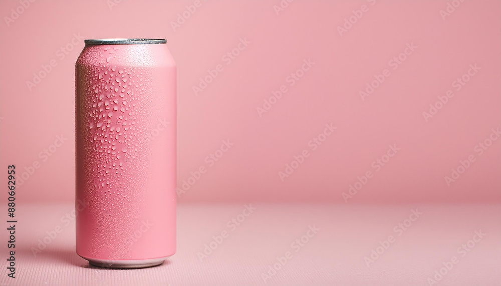 Pink aluminum can with water drops on pink background. Carbonated soda. Tasty beverage. Mock up Pink aluminum can with water drops on pink background. Carbonated soda. Tasty beverage. Mock up