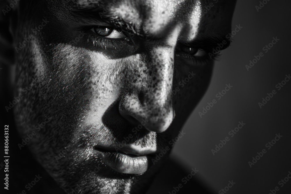 Obraz premium A black and white close up portrait of a man with dramatic lighting emphasizing the eyes