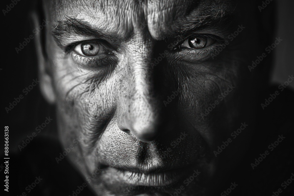 Obraz premium A black and white close up portrait of a man with dramatic lighting emphasizing the eyes