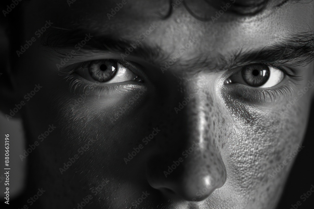 Naklejka premium A black and white close up portrait of a man with dramatic lighting emphasizing the eyes