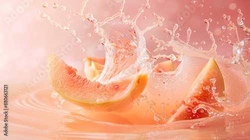 Guava Juice Splash Swirl with Fresh Slices on Pastel Pink Background