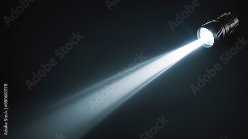 Flashlight and beam of light on a dark background. Generative AI