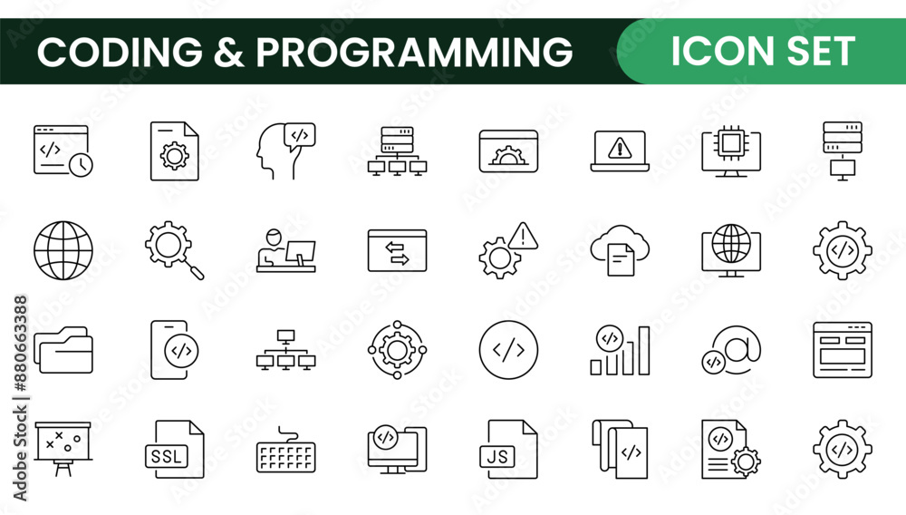 Programming coding set of web icons in line style. Software development icons for web and mobile app. Code, api, programmer, developer, information technology, coder and more.