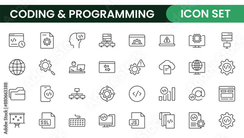 Programming coding set of web icons in line style. Software development icons for web and mobile app. Code, api, programmer, developer, information technology, coder and more.