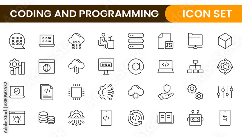 Programming coding set of web icons in line style. Software development icons for web and mobile app. Code, api, programmer, developer, information technology, coder and more.