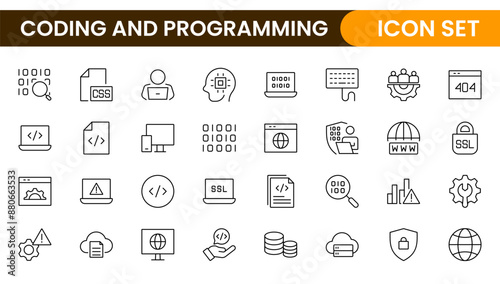 Programming coding set of web icons in line style. Software development icons for web and mobile app. Code, api, programmer, developer, information technology, coder and more.