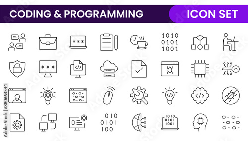 Programming coding set of web icons in line style. Software development icons for web and mobile app. Code, api, programmer, developer, information technology, coder and more.