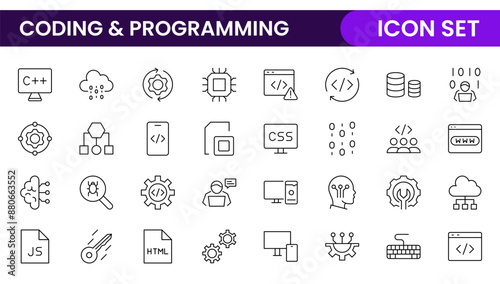 Programming coding set of web icons in line style. Software development icons for web and mobile app. Code, api, programmer, developer, information technology, coder and more.