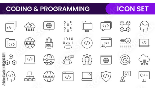 0709 Programming coding set of web icons in line style. Software development icons for web and mobile app. Code, api, programmer, developer, information technology, coder and more.