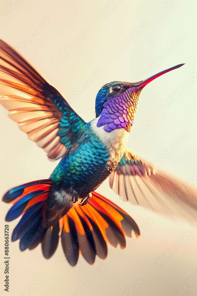 Fototapeta premium A hummingbird hovers in mid-air, its long, thin beak outstretched