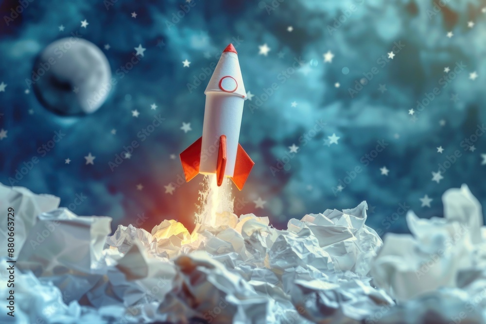 A conceptual imaginative, a good idea rocket blasting up from a waste basket of crumpled paper A conceptual imaginative, a good idea rocket blasting up from a waste basket of crumpled paper