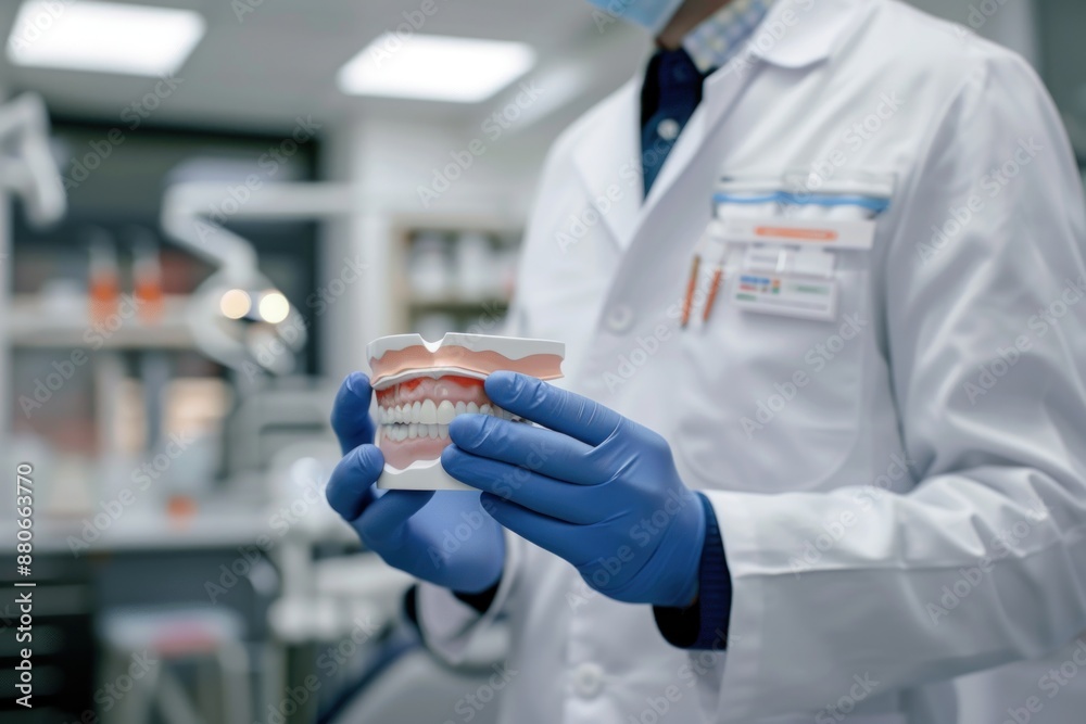 A dentist in a white lab coat and blue gloves holding a dental model of teeth, demonstrating dental care A dentist in a white lab coat and blue gloves holding a dental model of teeth, demonstrating dental care