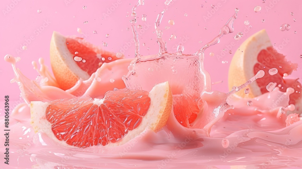 Pomelo Juice Splash Swirl with Floating Segments on Blush Pink Background Pomelo Juice Splash Swirl with Floating Segments on Blush Pink Background