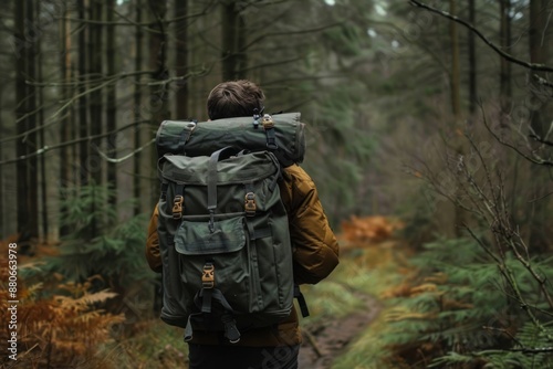 A hunter carrying a backpack filled with essential gear, standing at the entrance of a forest